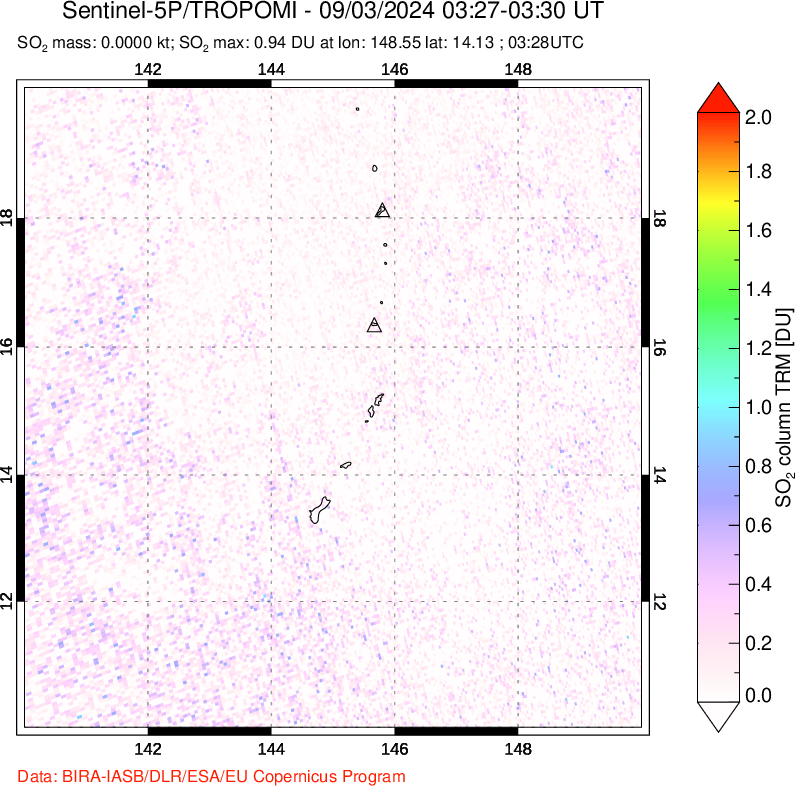 A sulfur dioxide image over Anatahan, Mariana Islands on Sep 03, 2024.