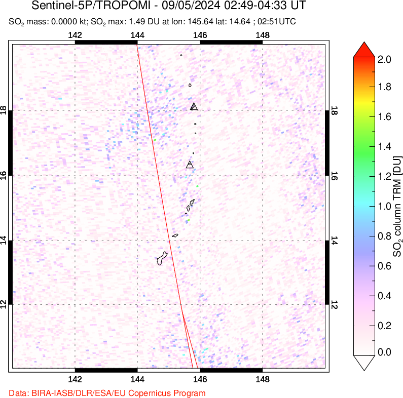 A sulfur dioxide image over Anatahan, Mariana Islands on Sep 05, 2024.