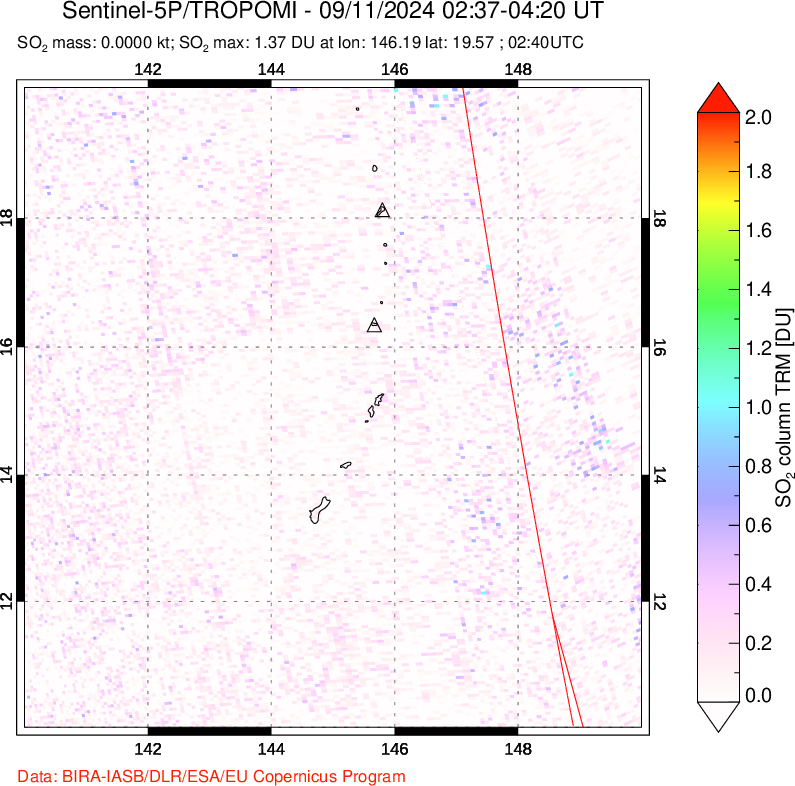 A sulfur dioxide image over Anatahan, Mariana Islands on Sep 11, 2024.