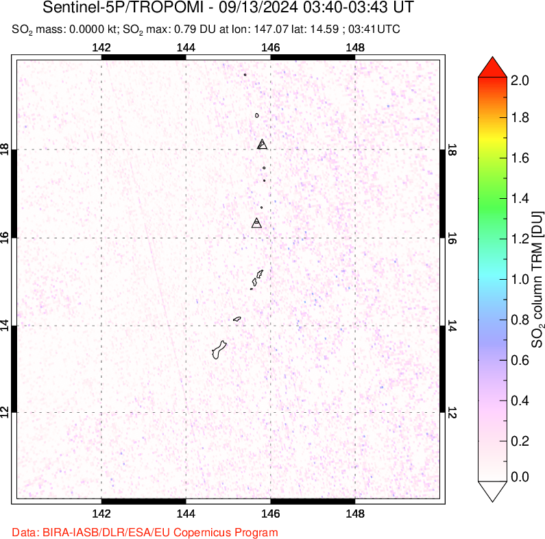 A sulfur dioxide image over Anatahan, Mariana Islands on Sep 13, 2024.