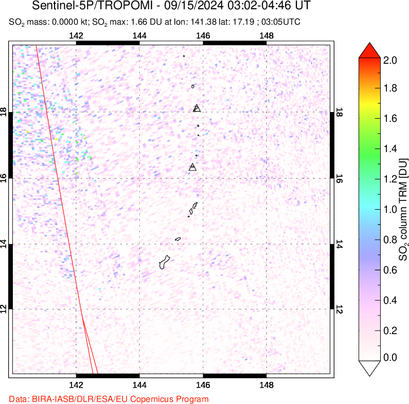 A sulfur dioxide image over Anatahan, Mariana Islands on Sep 15, 2024.