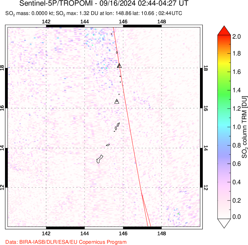 A sulfur dioxide image over Anatahan, Mariana Islands on Sep 16, 2024.