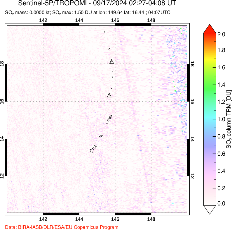 A sulfur dioxide image over Anatahan, Mariana Islands on Sep 17, 2024.