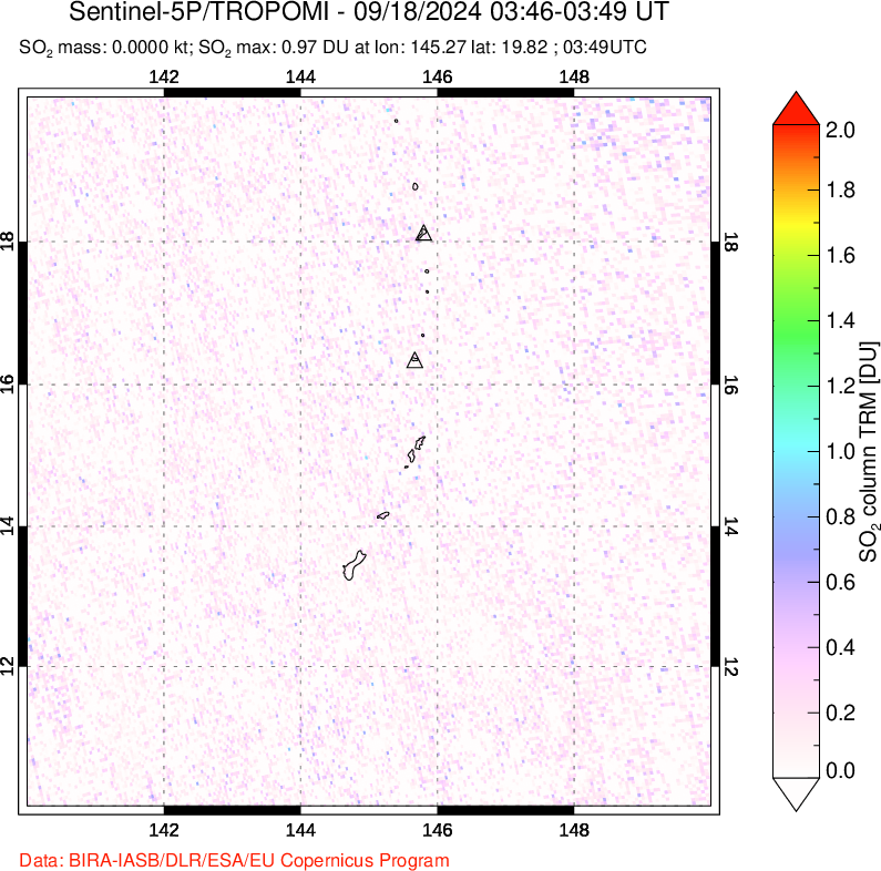 A sulfur dioxide image over Anatahan, Mariana Islands on Sep 18, 2024.