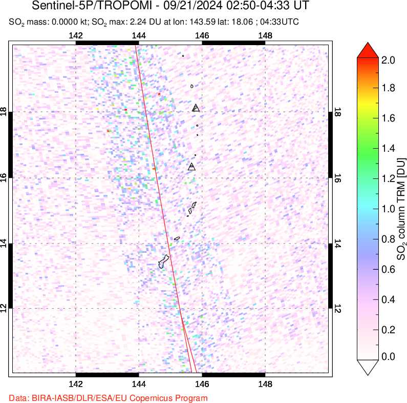 A sulfur dioxide image over Anatahan, Mariana Islands on Sep 21, 2024.