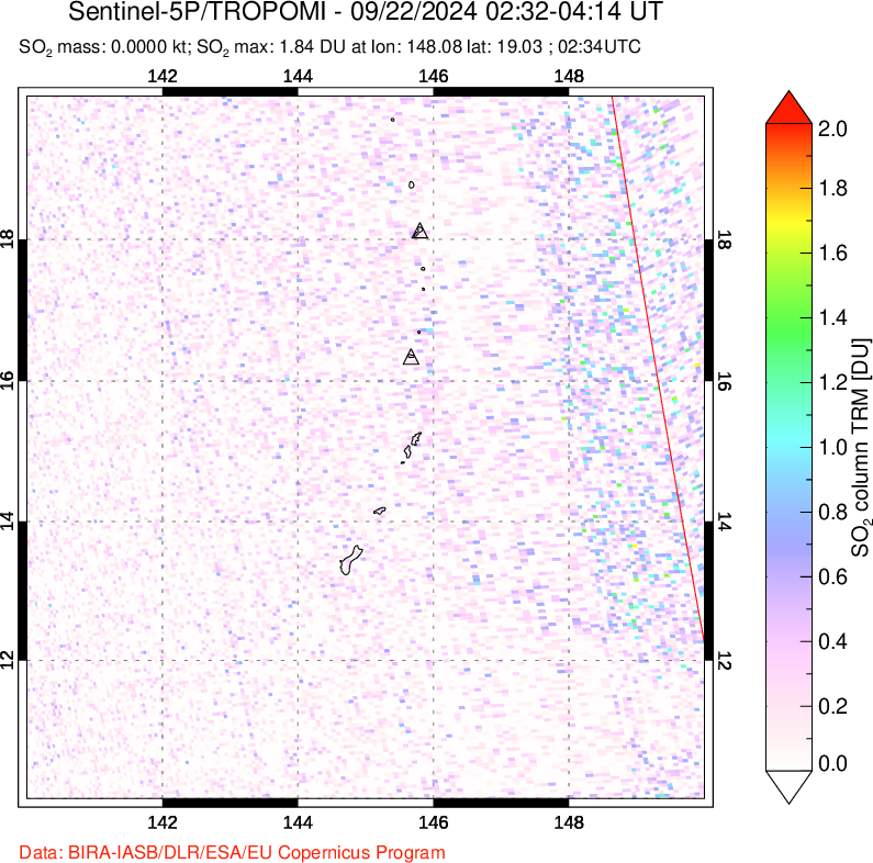 A sulfur dioxide image over Anatahan, Mariana Islands on Sep 22, 2024.