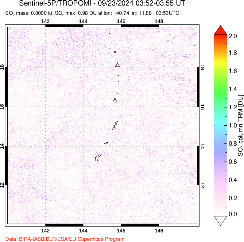 A sulfur dioxide image over Anatahan, Mariana Islands on Sep 23, 2024.