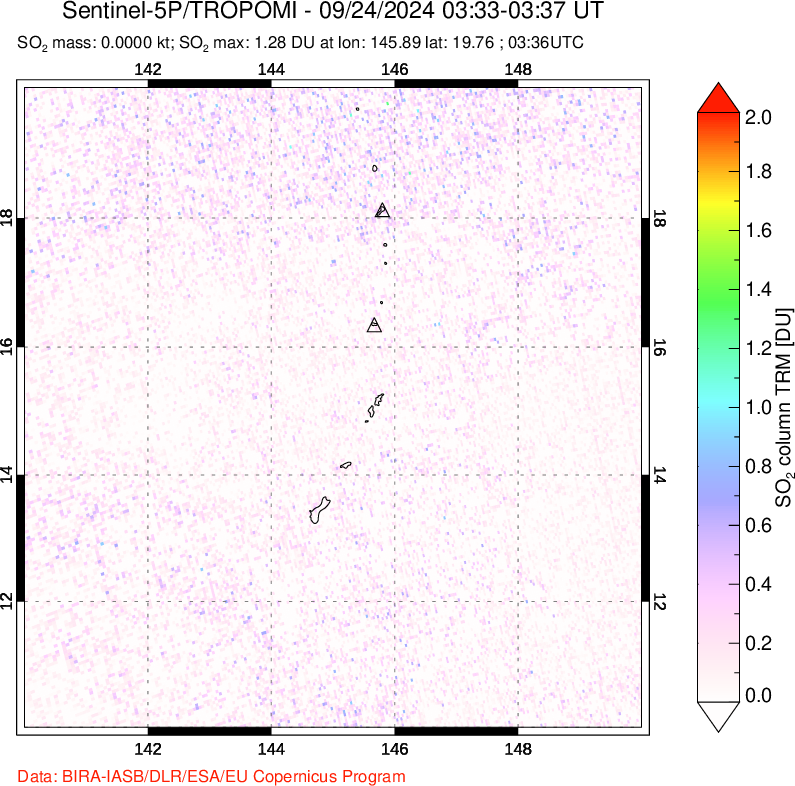 A sulfur dioxide image over Anatahan, Mariana Islands on Sep 24, 2024.