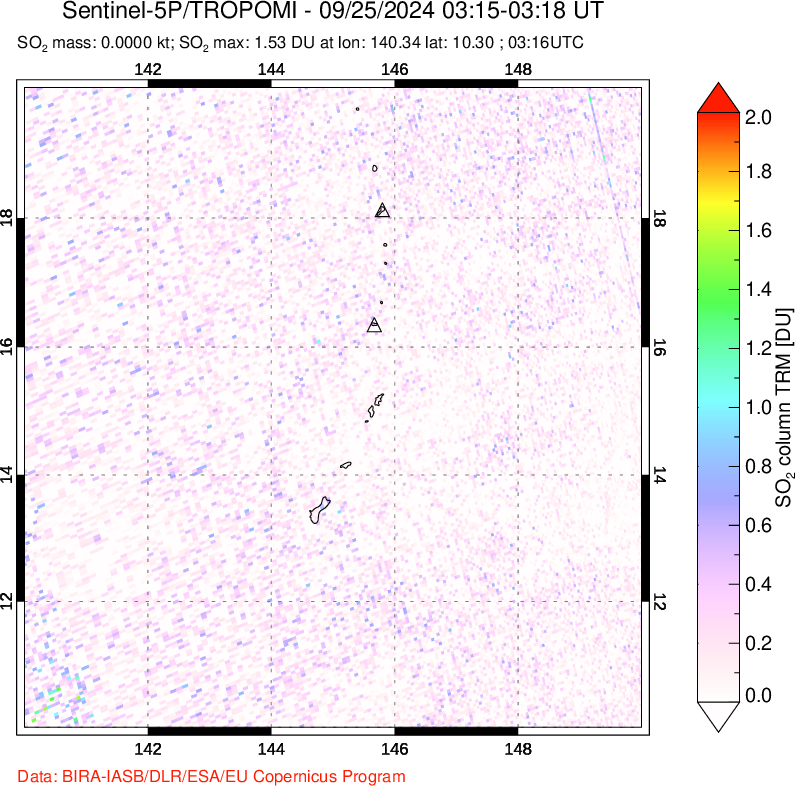 A sulfur dioxide image over Anatahan, Mariana Islands on Sep 25, 2024.