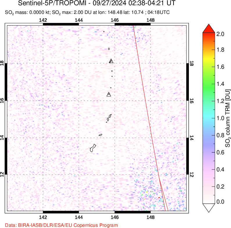 A sulfur dioxide image over Anatahan, Mariana Islands on Sep 27, 2024.