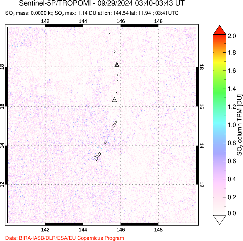 A sulfur dioxide image over Anatahan, Mariana Islands on Sep 29, 2024.