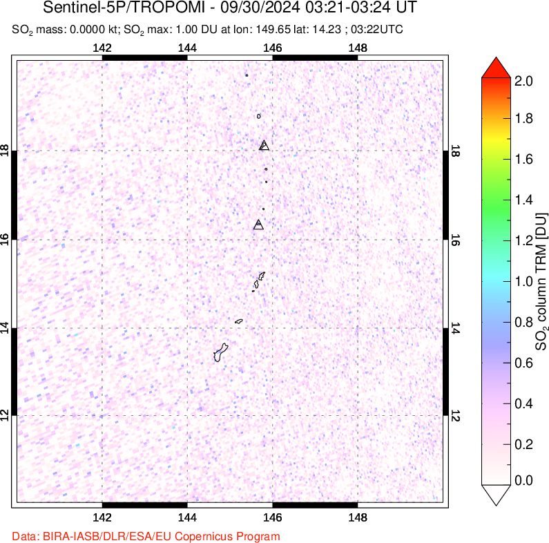 A sulfur dioxide image over Anatahan, Mariana Islands on Sep 30, 2024.