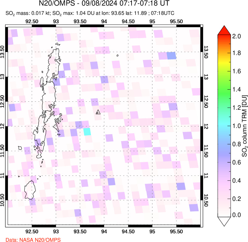 A sulfur dioxide image over Andaman Islands, Indian Ocean on Sep 08, 2024.