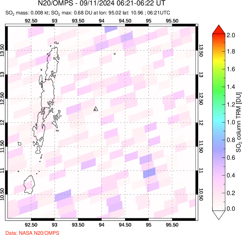 A sulfur dioxide image over Andaman Islands, Indian Ocean on Sep 11, 2024.