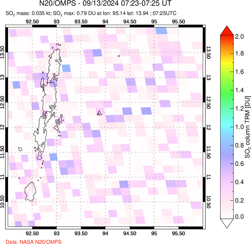 A sulfur dioxide image over Andaman Islands, Indian Ocean on Sep 13, 2024.