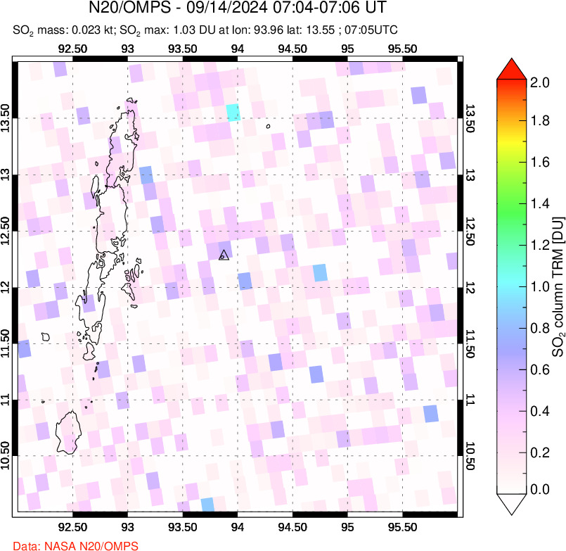 A sulfur dioxide image over Andaman Islands, Indian Ocean on Sep 14, 2024.