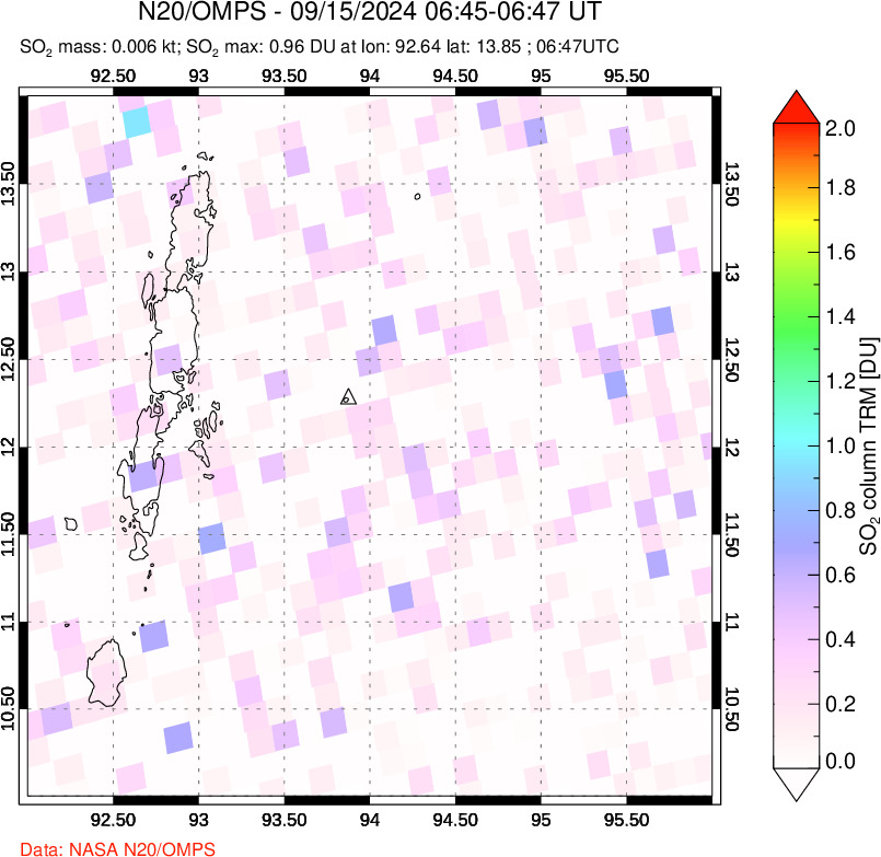 A sulfur dioxide image over Andaman Islands, Indian Ocean on Sep 15, 2024.