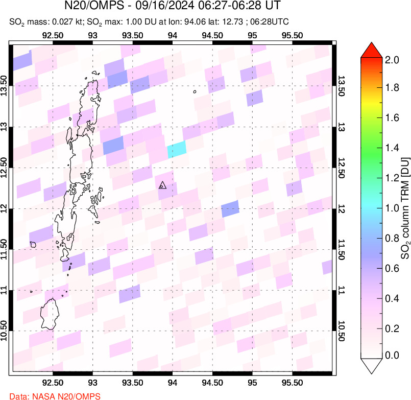 A sulfur dioxide image over Andaman Islands, Indian Ocean on Sep 16, 2024.