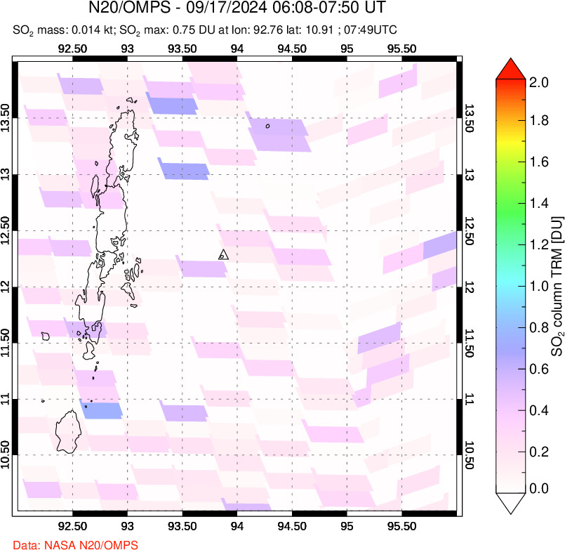 A sulfur dioxide image over Andaman Islands, Indian Ocean on Sep 17, 2024.