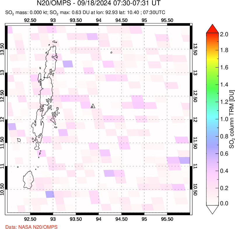 A sulfur dioxide image over Andaman Islands, Indian Ocean on Sep 18, 2024.