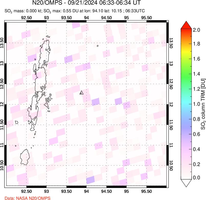 A sulfur dioxide image over Andaman Islands, Indian Ocean on Sep 21, 2024.