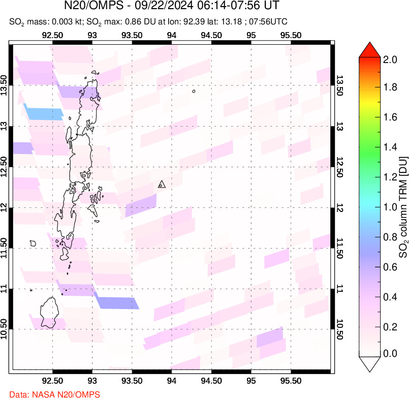 A sulfur dioxide image over Andaman Islands, Indian Ocean on Sep 22, 2024.