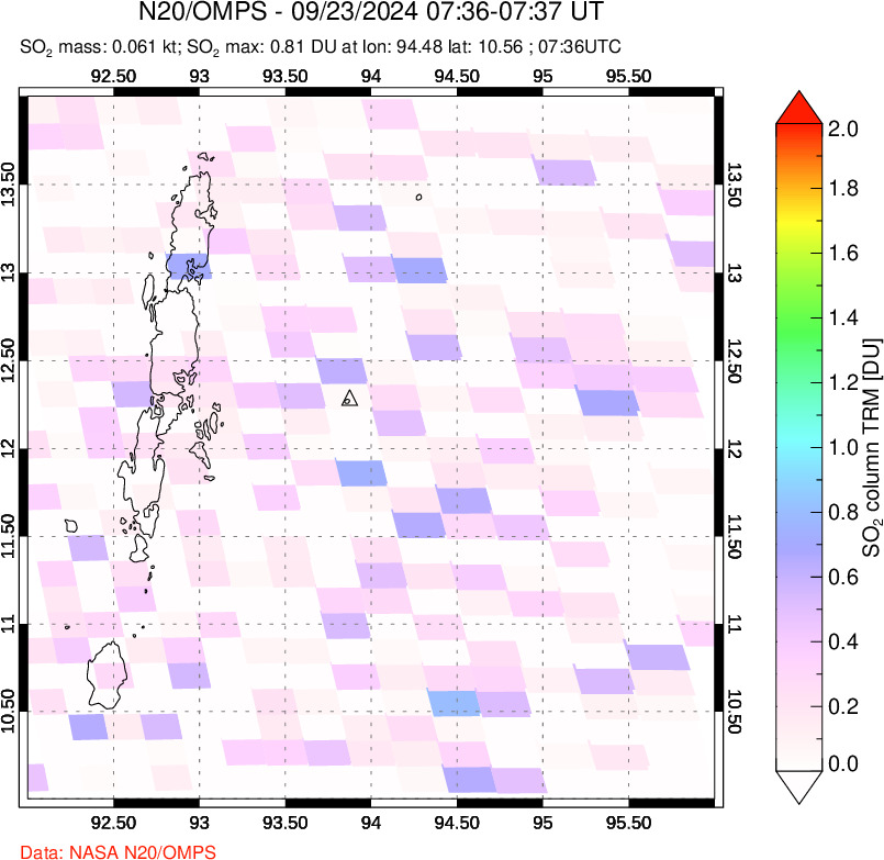 A sulfur dioxide image over Andaman Islands, Indian Ocean on Sep 23, 2024.