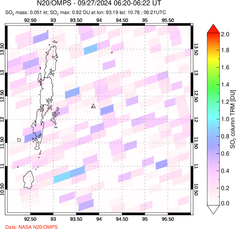 A sulfur dioxide image over Andaman Islands, Indian Ocean on Sep 27, 2024.