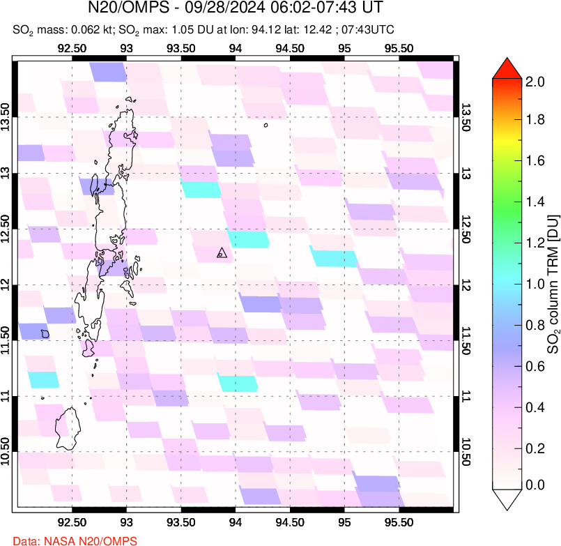 A sulfur dioxide image over Andaman Islands, Indian Ocean on Sep 28, 2024.