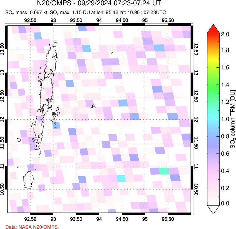 A sulfur dioxide image over Andaman Islands, Indian Ocean on Sep 29, 2024.