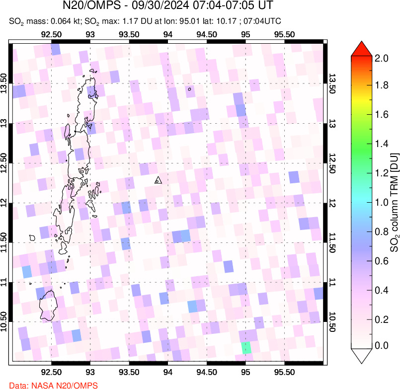 A sulfur dioxide image over Andaman Islands, Indian Ocean on Sep 30, 2024.