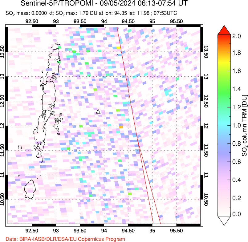 A sulfur dioxide image over Andaman Islands, Indian Ocean on Sep 05, 2024.