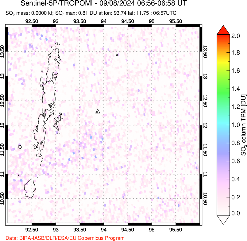 A sulfur dioxide image over Andaman Islands, Indian Ocean on Sep 08, 2024.