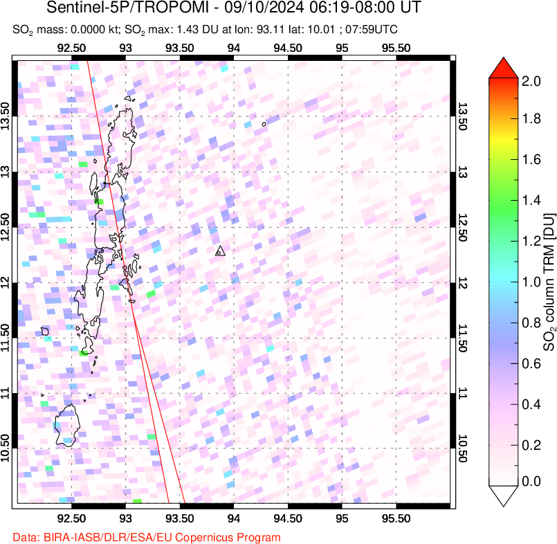 A sulfur dioxide image over Andaman Islands, Indian Ocean on Sep 10, 2024.