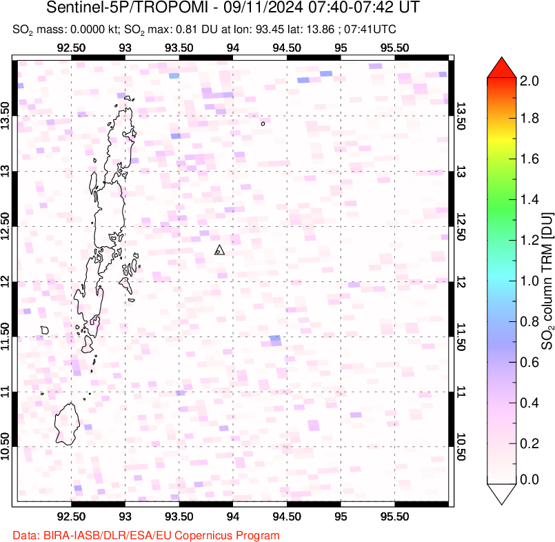 A sulfur dioxide image over Andaman Islands, Indian Ocean on Sep 11, 2024.