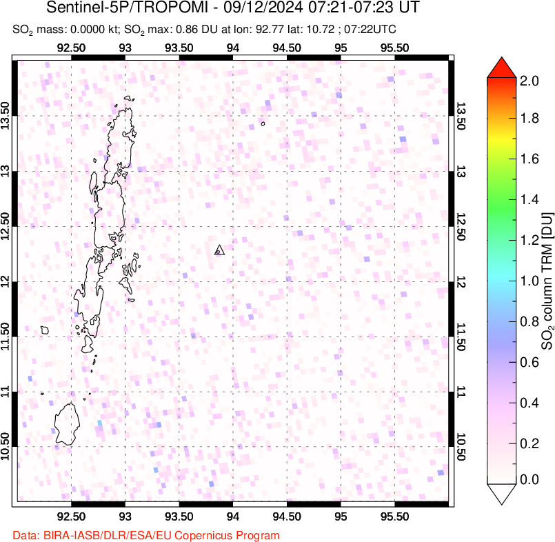 A sulfur dioxide image over Andaman Islands, Indian Ocean on Sep 12, 2024.