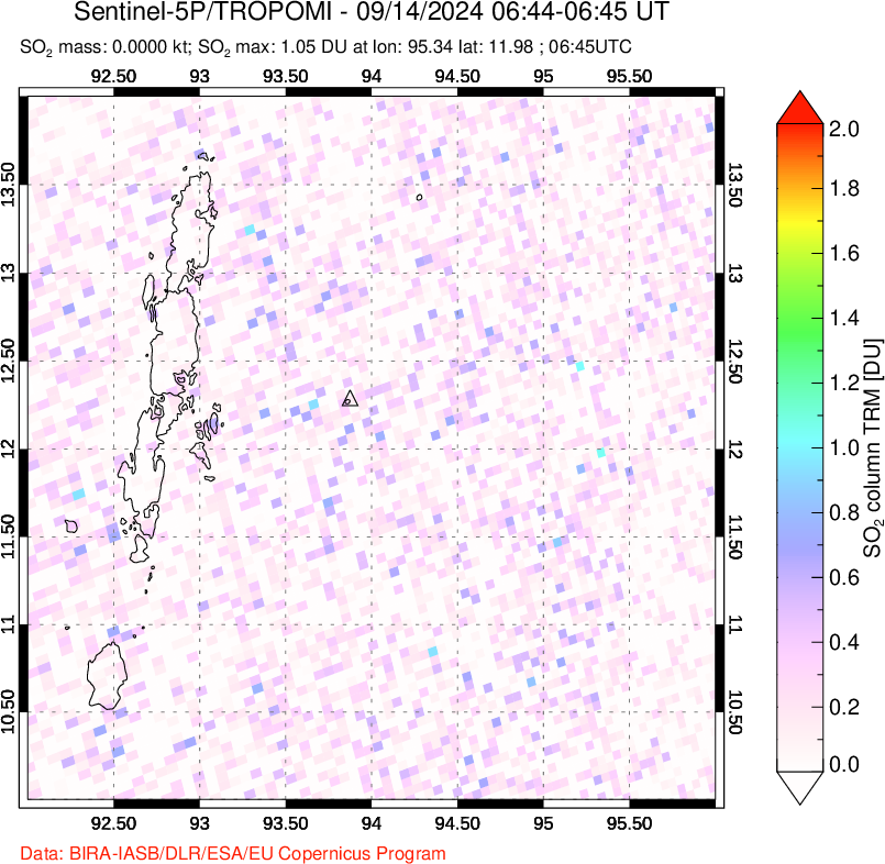 A sulfur dioxide image over Andaman Islands, Indian Ocean on Sep 14, 2024.