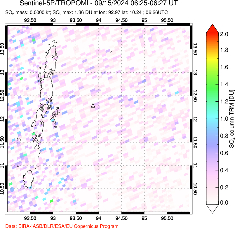 A sulfur dioxide image over Andaman Islands, Indian Ocean on Sep 15, 2024.