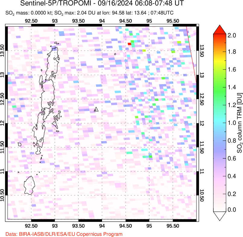 A sulfur dioxide image over Andaman Islands, Indian Ocean on Sep 16, 2024.