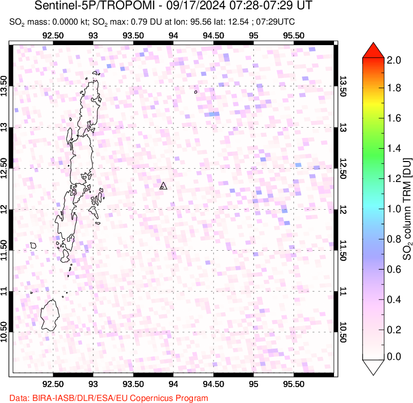 A sulfur dioxide image over Andaman Islands, Indian Ocean on Sep 17, 2024.