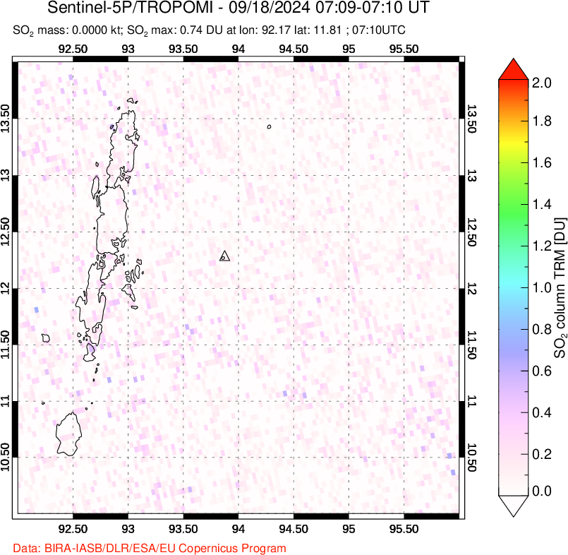 A sulfur dioxide image over Andaman Islands, Indian Ocean on Sep 18, 2024.