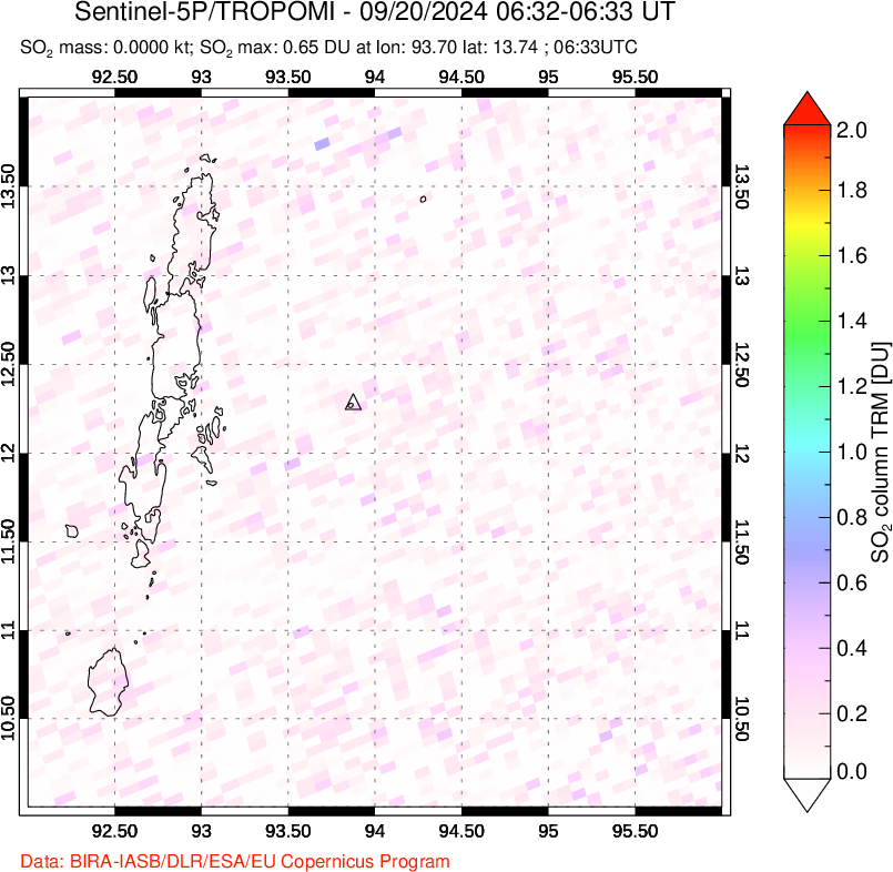 A sulfur dioxide image over Andaman Islands, Indian Ocean on Sep 20, 2024.