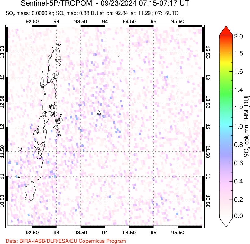 A sulfur dioxide image over Andaman Islands, Indian Ocean on Sep 23, 2024.