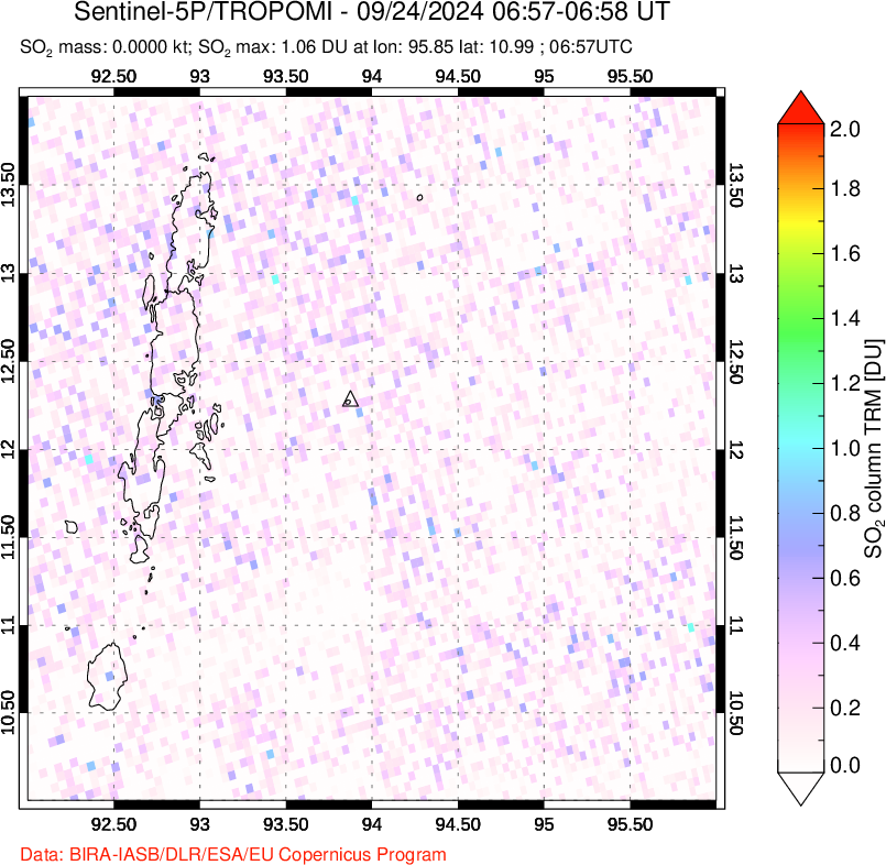 A sulfur dioxide image over Andaman Islands, Indian Ocean on Sep 24, 2024.