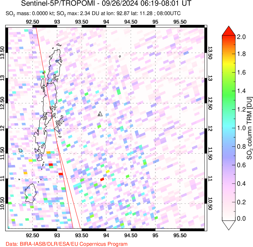 A sulfur dioxide image over Andaman Islands, Indian Ocean on Sep 26, 2024.