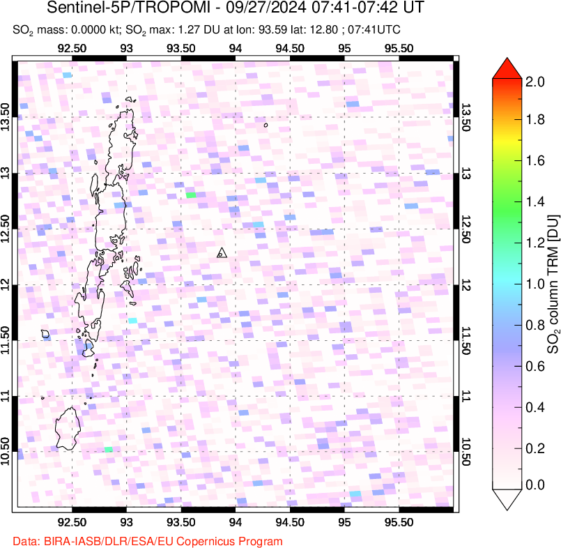 A sulfur dioxide image over Andaman Islands, Indian Ocean on Sep 27, 2024.