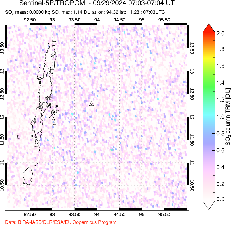 A sulfur dioxide image over Andaman Islands, Indian Ocean on Sep 29, 2024.