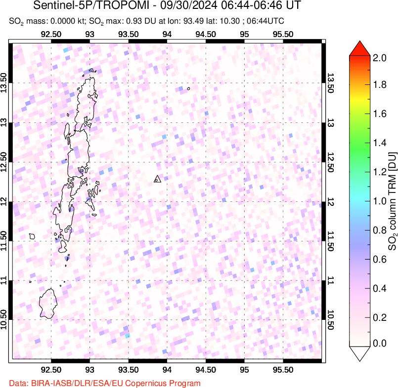 A sulfur dioxide image over Andaman Islands, Indian Ocean on Sep 30, 2024.