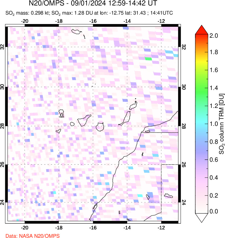 A sulfur dioxide image over Canary Islands on Sep 01, 2024.