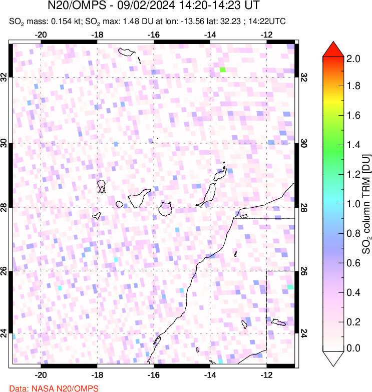 A sulfur dioxide image over Canary Islands on Sep 02, 2024.